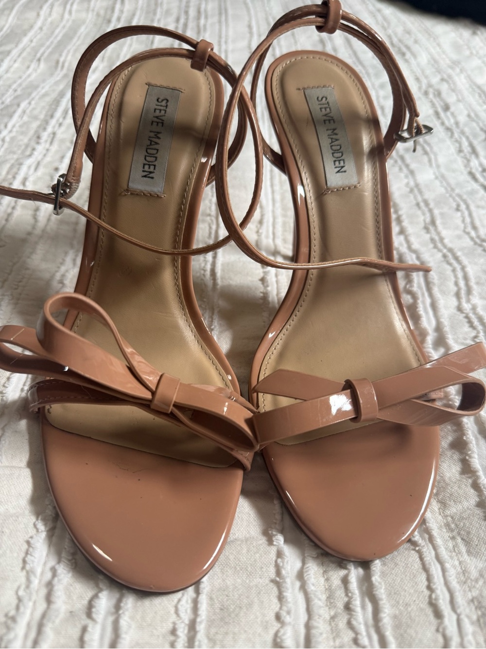 Steve Madden Patent Bow Ankle-Strap Heels in Blush Brown